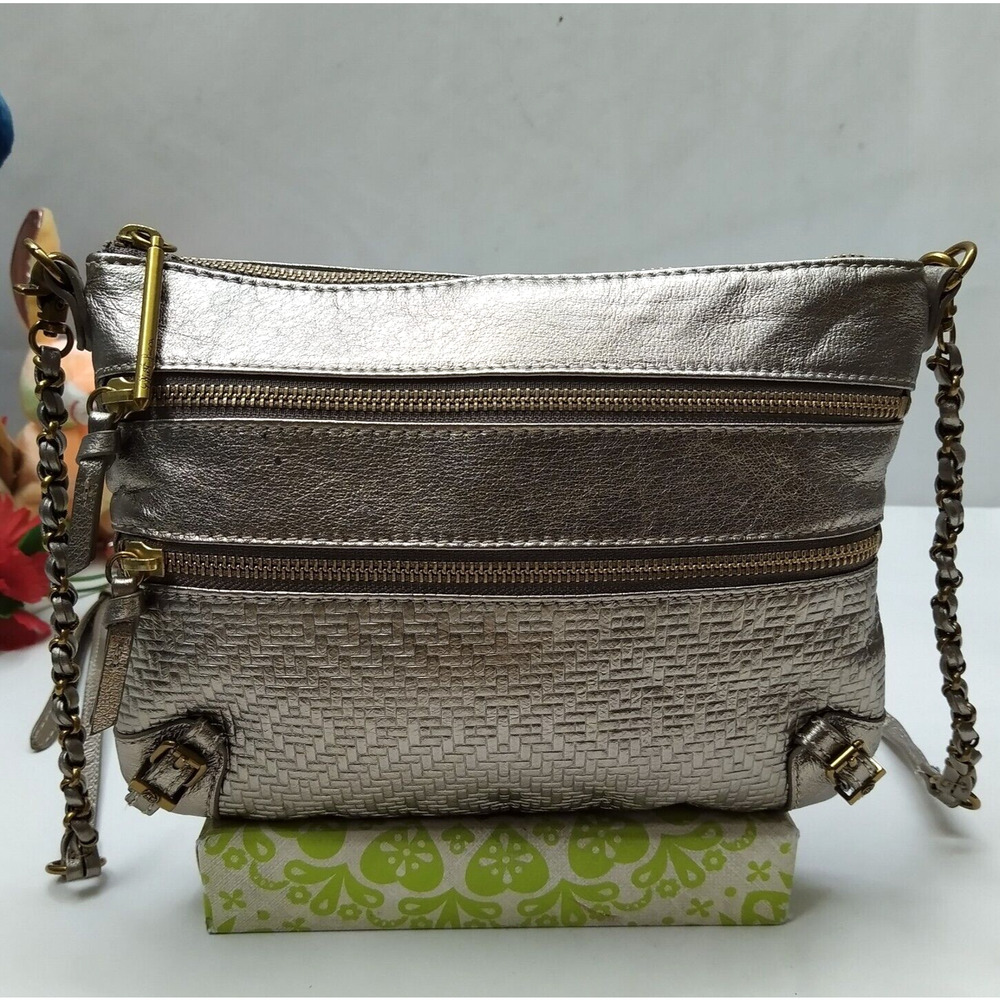 Elliott Lucca Metallic Gold Leather Zipper Closure Small Crossbody Bag